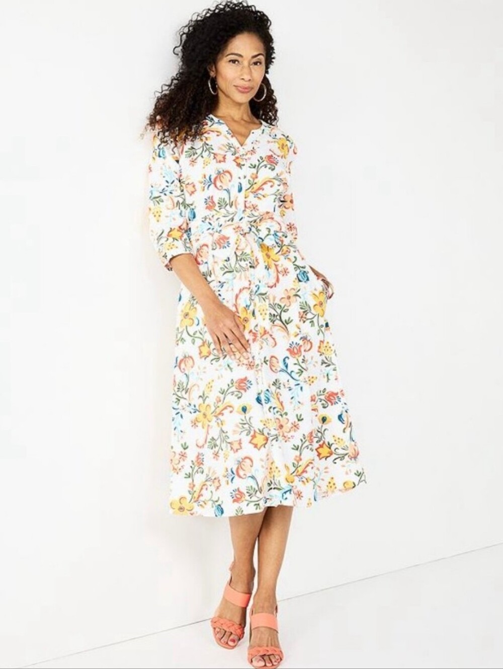 Croft & barrow White Floral Button-Front Cotton Dress with Tie Waist